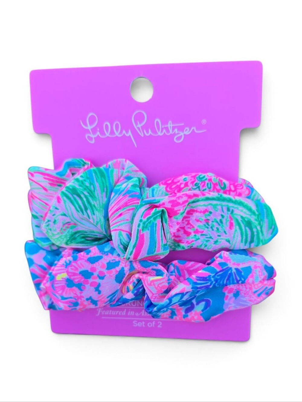 Lilly Pulitzer Tropical-print Satin Blue, Pink & Green Set Of Two Scrunchies